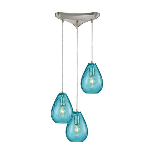 Lagoon 3-Light Triangular Pendant Fixture in Satin Nickel with Aqua Water Glass