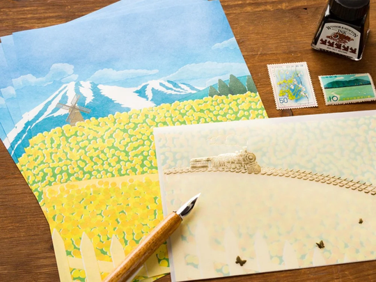 Translucent Scenery Letter Writing Set -Train in The Canola Flower Field - By Tsutsumu Company/Tracing Paper Envelope /Made Japan