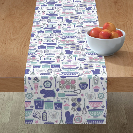 Retro Aqua Kitchen Table Runner - Vintage Baking Time By Studioxtine Midcentury Mod Atomic Age Cotton Sateen Spoonflower
