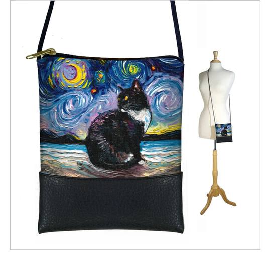 Sg Tuxedo Cat Small Crossbody Bag, Starry Night Cell Phone Purse, Mini Shoulder Bag, Unique Gift, Crescent Moon Art Blue Black Rts