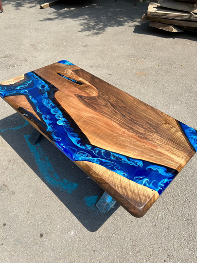 Epoxy Coffee Table, Custom 48" X 24" Walnut Ocean Blue, Turquoise White Waves River Table Order For David