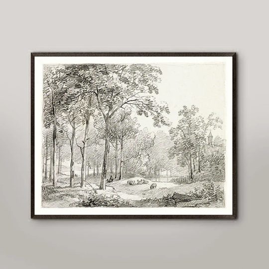 Pencil Sketch Landscape Art Print, Home Decor, Landscape Vintage Drawing, Neutral Sheep in Background