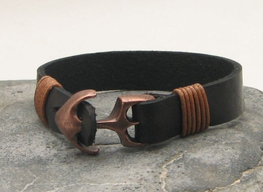 Valentines Day Gift For Him, Gift Anchor Bracelet, Black Leather Men's Bracelet With Cooper Plated Clasp, For Boyfriend Gift