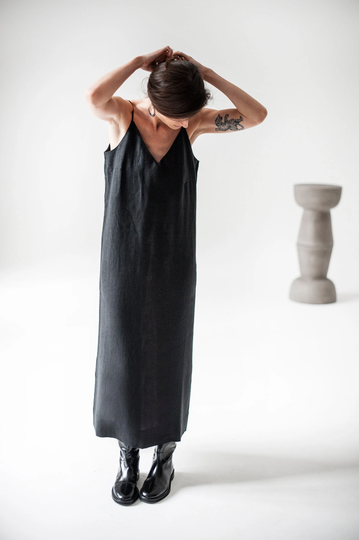 V Neck Strappy Dress, Longline Linen Relaxed Long Dress With Slits, Simple Pencil Handmade Atuko