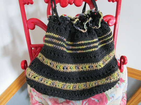 Vintage Hand Crocheted Draw String Bag Black & Gold Rainbow & Lined Check It Out Plastic Bottom