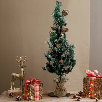 3.1' H Regular Green Artificial Christmas Tree with Lights and Pinecones