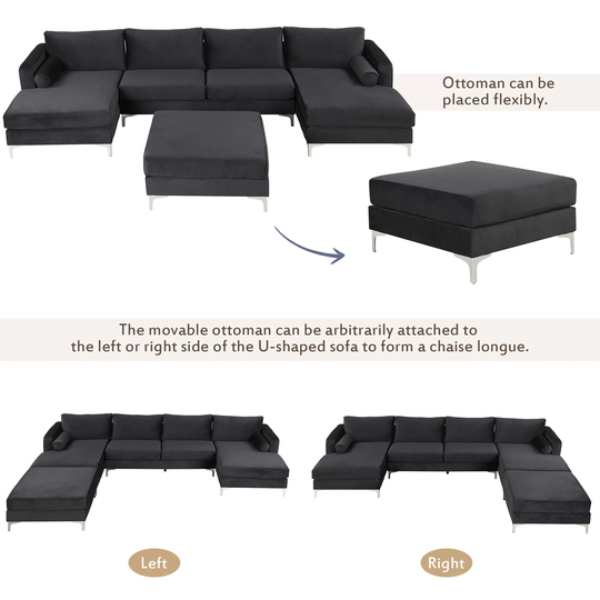 Modern Velvet Fabric Couch Reversible Chaise Sofa U Shaped Couch Sofa with Ottoman