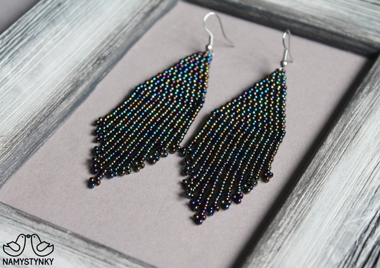 Dark Colorful Beaded Earrings Beadwork Multicolor Earring Melange Fringe Long Shining Seed Bead Chandelier