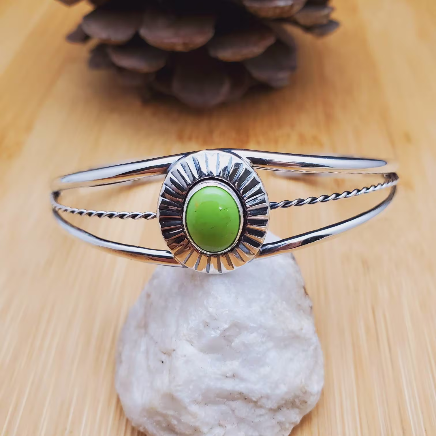 Lovely Green Gaspeite Bracelet Cuff | Silver Concho Bright Stone Sterling Southwestern Jewelry