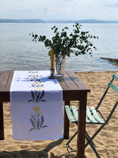 Block Printed Linen Table Runner, Custom Dining Room Runner With Herbs Motifs, Natural White
