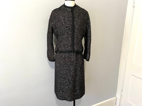 Frank Gallant Suit Vintage 1960S Black Gray Wool Boucle Jacket Pencil Skirt