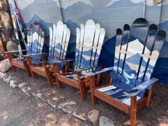 Set Of Four - Premium Custom Adirondack Hybrid Chairs Blue Mystic Mountains, Recycled Ski With Wood Arms & Seats, Hybrid