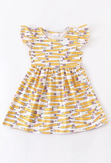 Girls Back To School Monogram Pencil Dress Toddler Little Big Embroider Custom Personalize Name Yellow First Day Ruffle Flutter Short Sleeve