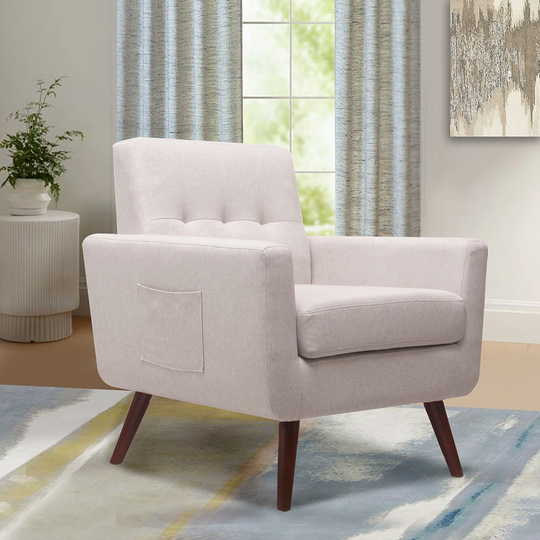 Off White Linen accent chair With Walnut Wooden Leg