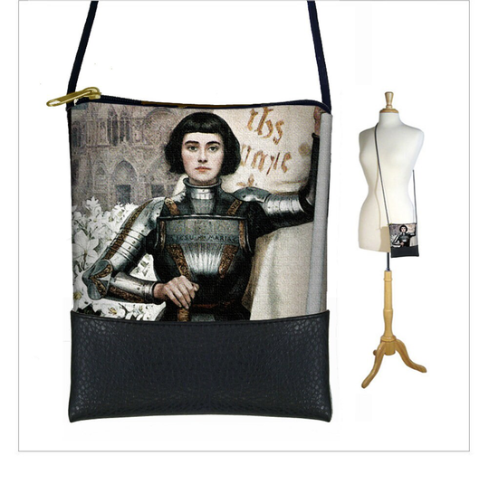Joan Of Arc Crossbody Bag, Feminist Symbol Art Boho Sling Bag, Cell Phone Purse, Small Shoulder Bag Black Gray White Taupe Rts
