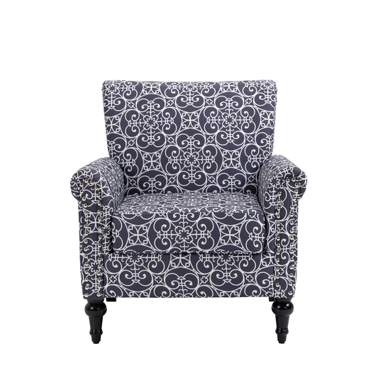 Floral Pattern Mid-Century Modern Accent Chair, Linen Armchair w/Tufted Back/Wood Legs, Upholstered Lounge Arm Chair Single Sofa