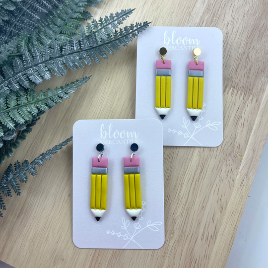 Pencil Dangles | Back To School Polymer Clay Earrings Studs, Apples, Rulers, Pencils, Notebook Paper A+ Teacher Gifts