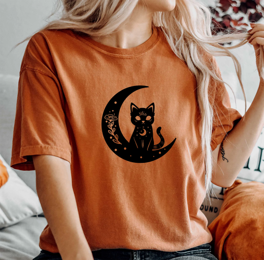 Comfort Colors Celestial Shirt, Cat On Moon T-Shirt, Boho Comfy Oversized Gift For Her