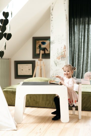 Kids Table & Chair Set White, Montessori With Blackboard, Child Storage Compartment, Plywood Furniture For