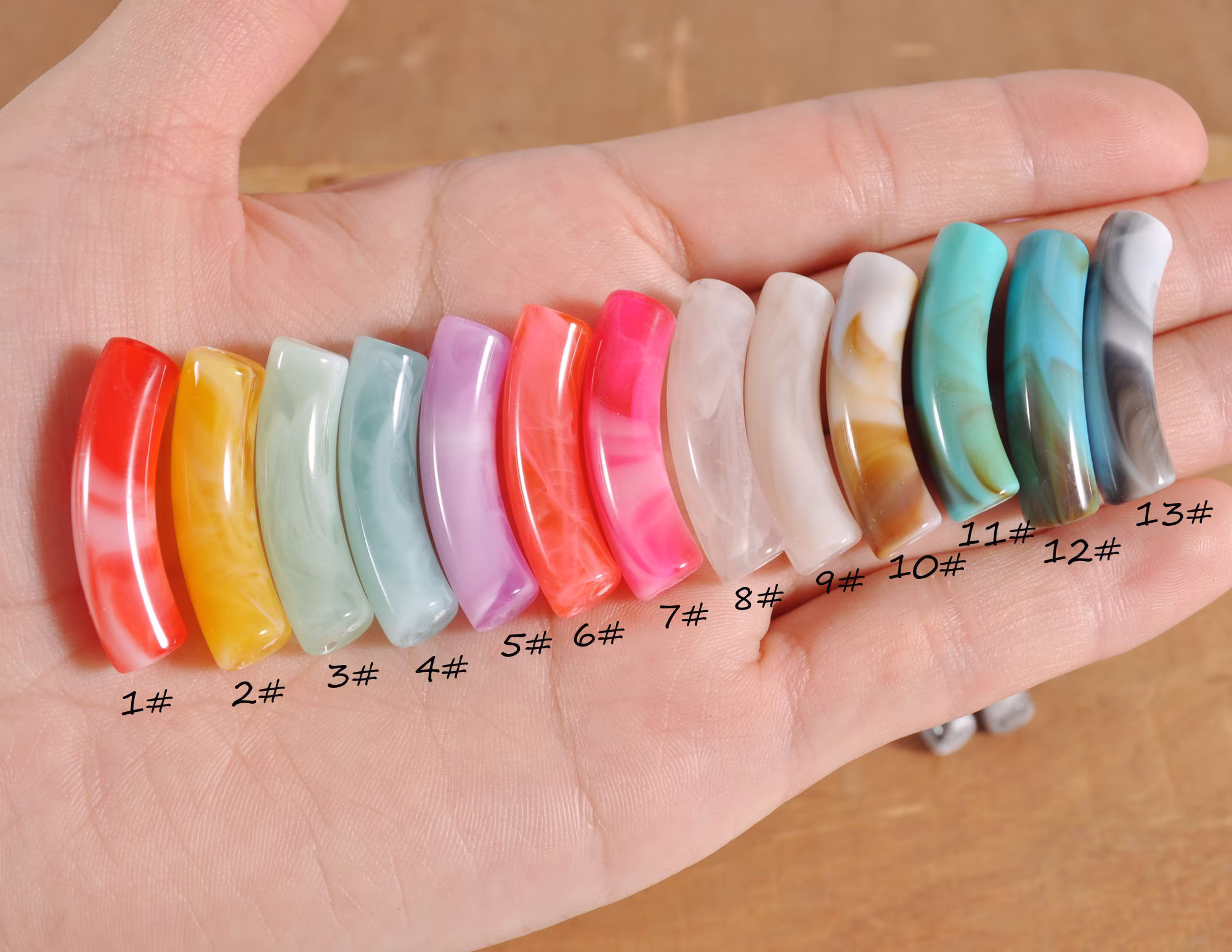 13 Colors, 8mm Skinny Marbled Colorful Acrylic Tube Beads, Bamboo Beads,6Pcs-90Pcs Curved Beads, Beads For Bangle Bracelet Making, 32x8mm