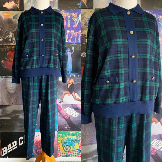 Navy Blue & Green Plaid Pant Set - Alfred Dunner Casual Suit Knit Collared 1980S Vintage Sweatshirt Elastic Pants Medium