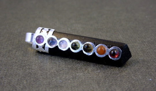 Tibetan Pencil Point Pendants With Chakra Gemstone Beads Black Agate Pendant Silver Plated Cap & Bail | S31B7-01
