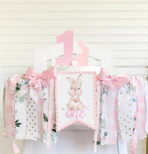 Floral Bunny 1st Birthday High Chair Banner, Fabric Cake Smash Topper