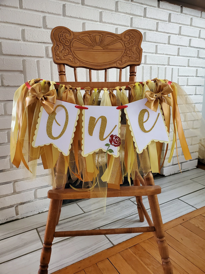 Yellow & Gold High Chair Banner. Single Rose. One Banner. First Birthday Garland. Party Decorations. Tulle Ribbon. Fully Assembled