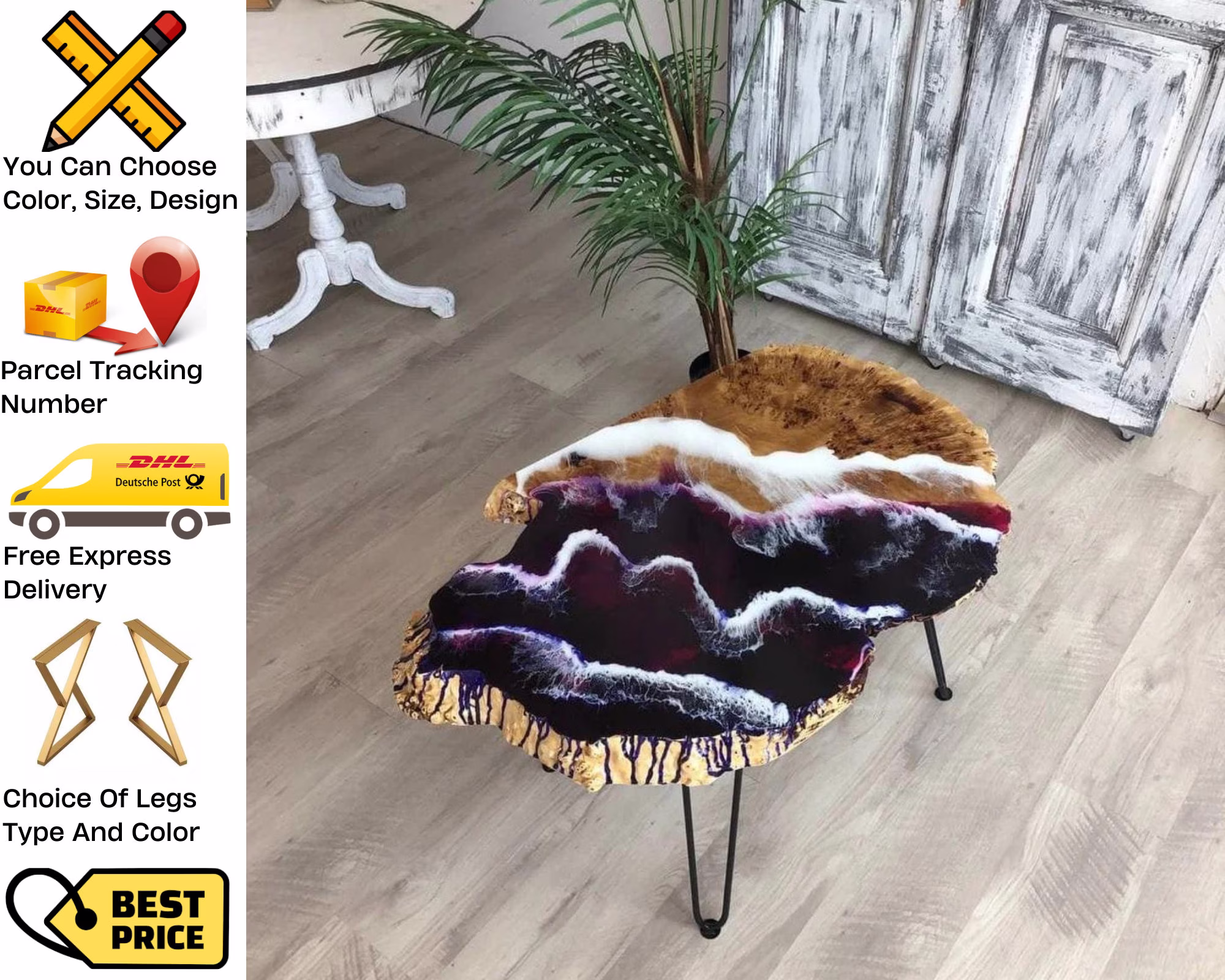 Epoxy Resin Coffe Table, Live Edge Coffee Custom Ocean Side Table