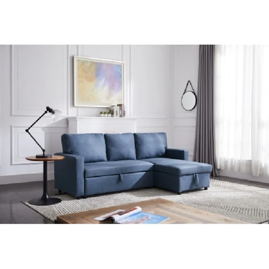Sectional sofa with pulled out bed, 2 seats sofa and reversible chaise with storage, Stone fabric, NAVY BLUE, (85"x52"x34")