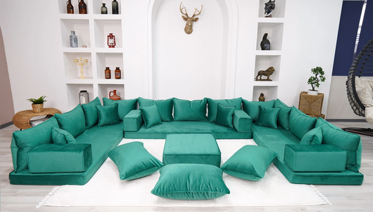 Velvet Emerald Green Color U Shaped Floor Seating, Velvet Couch, Moroccan Home Decor Furniture, Sectional Sofa, Luxury Couches