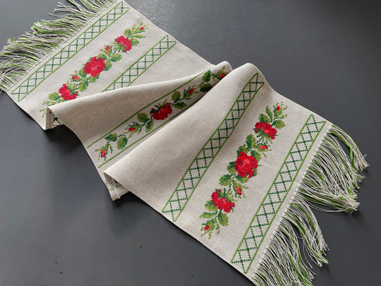 Danish Handmade Table Runner With Roses. Cross Stitch Embroidery On Cotton/Linen. Scandinavian Design For Decoration