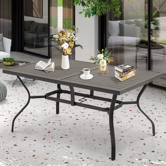 EROMMY 60'' Outdoor Dining Table for 6, E-Coating Metal Patio Dining Table with 1.57''~1.97'' Adjustable Umbrella Hole