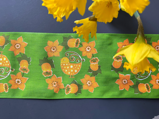 Vintage Easter Cotton Table Runner - Danish Easter Spring Green With Baby Chicks & Flowers For Your Table. 70S