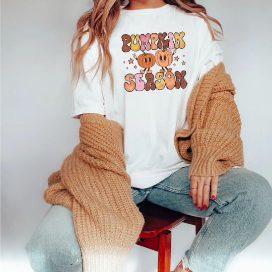 Retro Pumpkin Season Comfort Colors T-Shirt, Women's Oversized Halloween Shirt, Fall Tee, Groovy Autumn Trendy Thanksgiving Tee