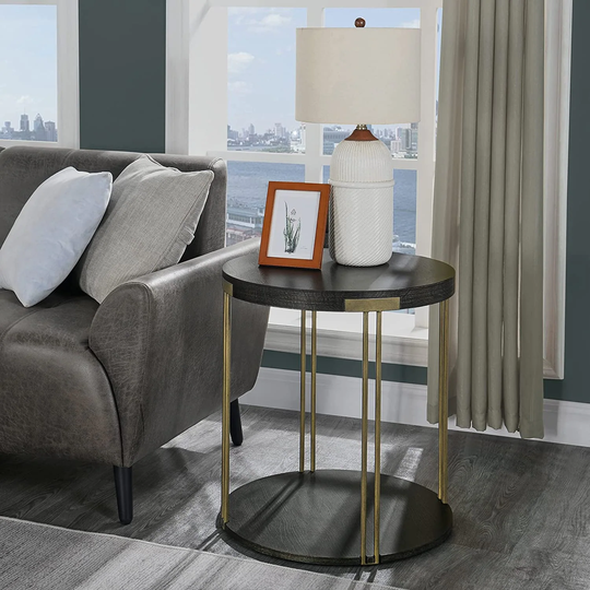 Round Industrial Coffee Table 2-Tier Cocktail Table with Storage Shelf Solid Wood