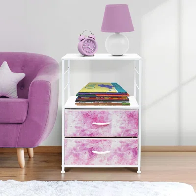 Sorbus Nightstand 2-Drawer Storage Dresser - Bedroom Furniture, Accent End Table Chest, Steel Frame, Wood Shelf & Top,Fabric Bins (Tie-Dye Pink)