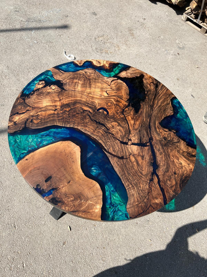 Round Dining Table, Custom 40" Walnut Blue Turquoise, Green Epoxy Order For Diana