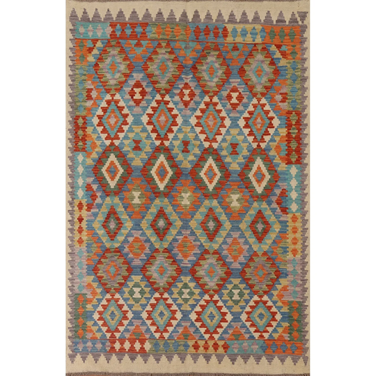 Reversible Kilim Area Rug Multi-Color Flat-weave Wool Carpet - 5'10" x 7'10"