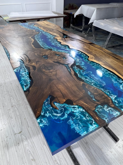 Walnut Dining Table, Live Edge Custom 115" X 50" Ocean Blue, Turquoise White Waves Epoxy, River Table Order For Kishan2
