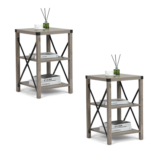 Farmhouse Square Wooden Side Table/End Table with 3-Tier Shelf, Set of 2