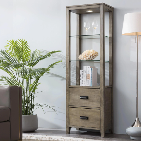 TV Side Storage Cabinet with 2 Drawers -Solid Wood and Tempered Glass, Classic Style Antique Grey