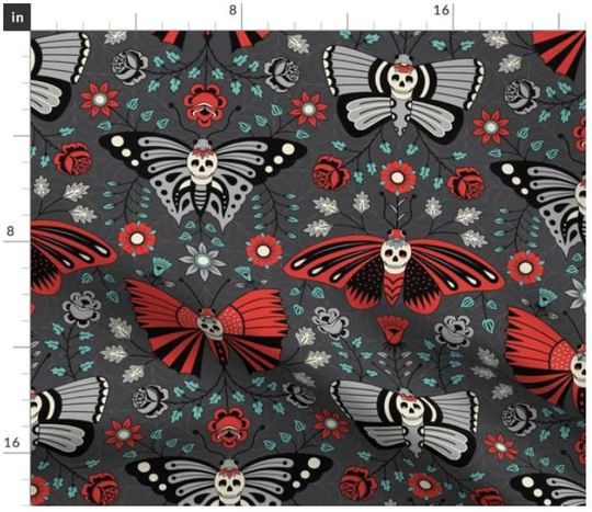 Butterflies & Skulls Halloween Fabric By The Yard | Gothic Dark Roses Moths October Custom
