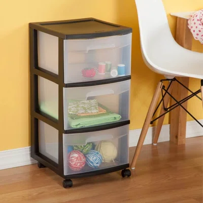 Sterilite 3 Drawer Storage Cart with Clear Drawers and Black Frame