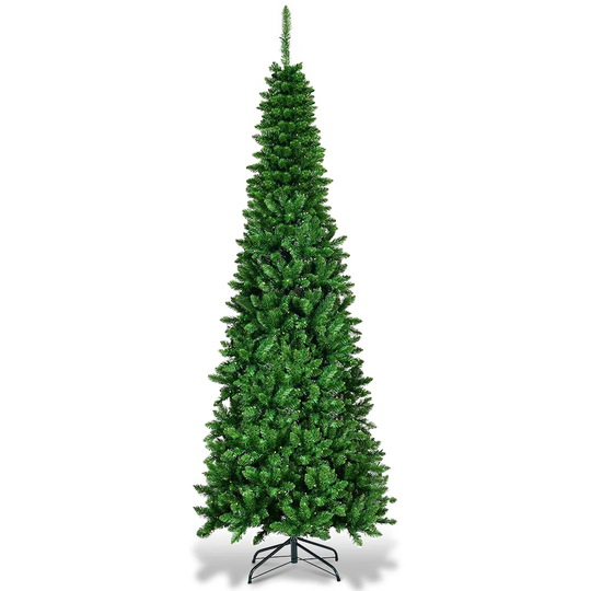 Costway 7.5ft Pre-Lit Hinged Pencil Christmas Tree 350 White Lights - 7.5 FT
