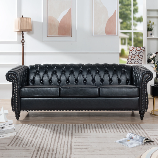 84" Traditional Rolled Arm Chesterfield Three Seater Sofa, PU Leather Seat Cushions & Nailheads Finish Sofa with Wood Legs
