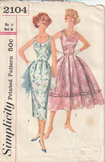 1950's Simplicity 2104 Misses One Piece Dress With Full Skirt Or Pencil Slim Scoop Neck Inverted Pleats Sewing Pattern Size 16 B38