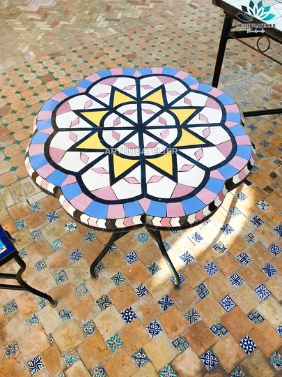 Mosaic Table Pink For Outdoor-Indoor Made From Tiles 100% Handcrafted Round, Art Of The Sun Rise Up in Cloud