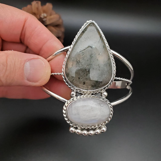 Socute925 Big Green Moss Agate With White Moonstone Cuff Bracelet | Silver Southwest