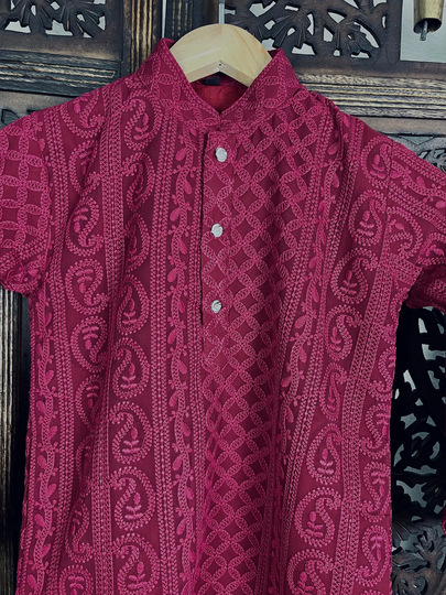 Size 1 | Wine Color Kurta Pajama 2Pcs Set For Boys in Georgette Material With Lucknowi Chikankari Work Kurtas